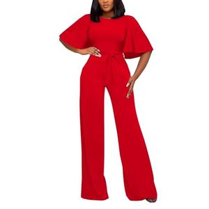 BessCops Red Women Casual Loose Short Sleeve Belted Wide Leg Pant Romper Jumpsuits S
