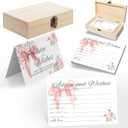 Baby Shower Advice Cards with Wooden Box - 60 Pink Bow Floral Tent Cards & Table Sign, Girl Baby Shower Guest Book Alternative for Parents-to-Be, Coquette Predictions Keepsake Gift Set