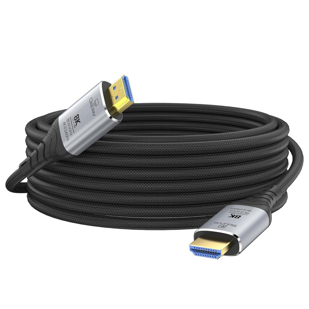 Fiber Optic HDMI Cable 50FT, 8K Long HDMI 2.1 Cable, 48Gbps Ultra High Speed Braided 8K@60Hz 4K@120Hz, Dynamic HDR, eARC, HDCP 2.2&2.3, 3D, for PS5, Xbox, HDTV, Laptop, Monitor