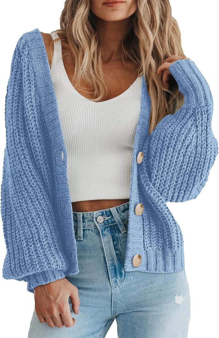 PRETTYGARDEN Women's Chunky Knit Open Front Sweater Long Sleeve Button Loose Short Cardigan Outerwear Coats (Blue, M)