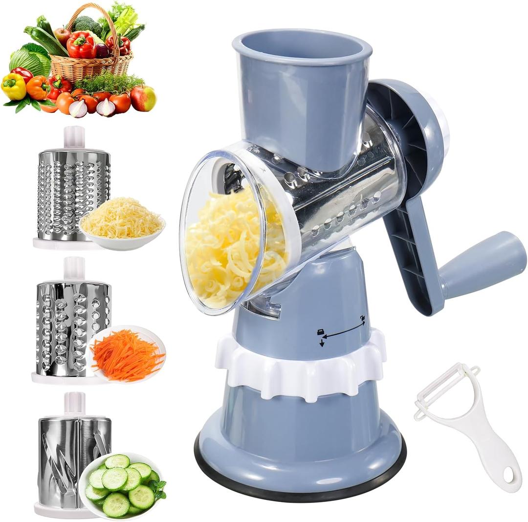 Rotary Cheese Grater, Hand Crank with Suction Base Cheese Shredder Hand Crank 3 Stainless Steel Blades, Rotary Cheese Grater with Handle, Easy to Clean, Rotary Grater for Cheese Vegetable Nuts (grey)
