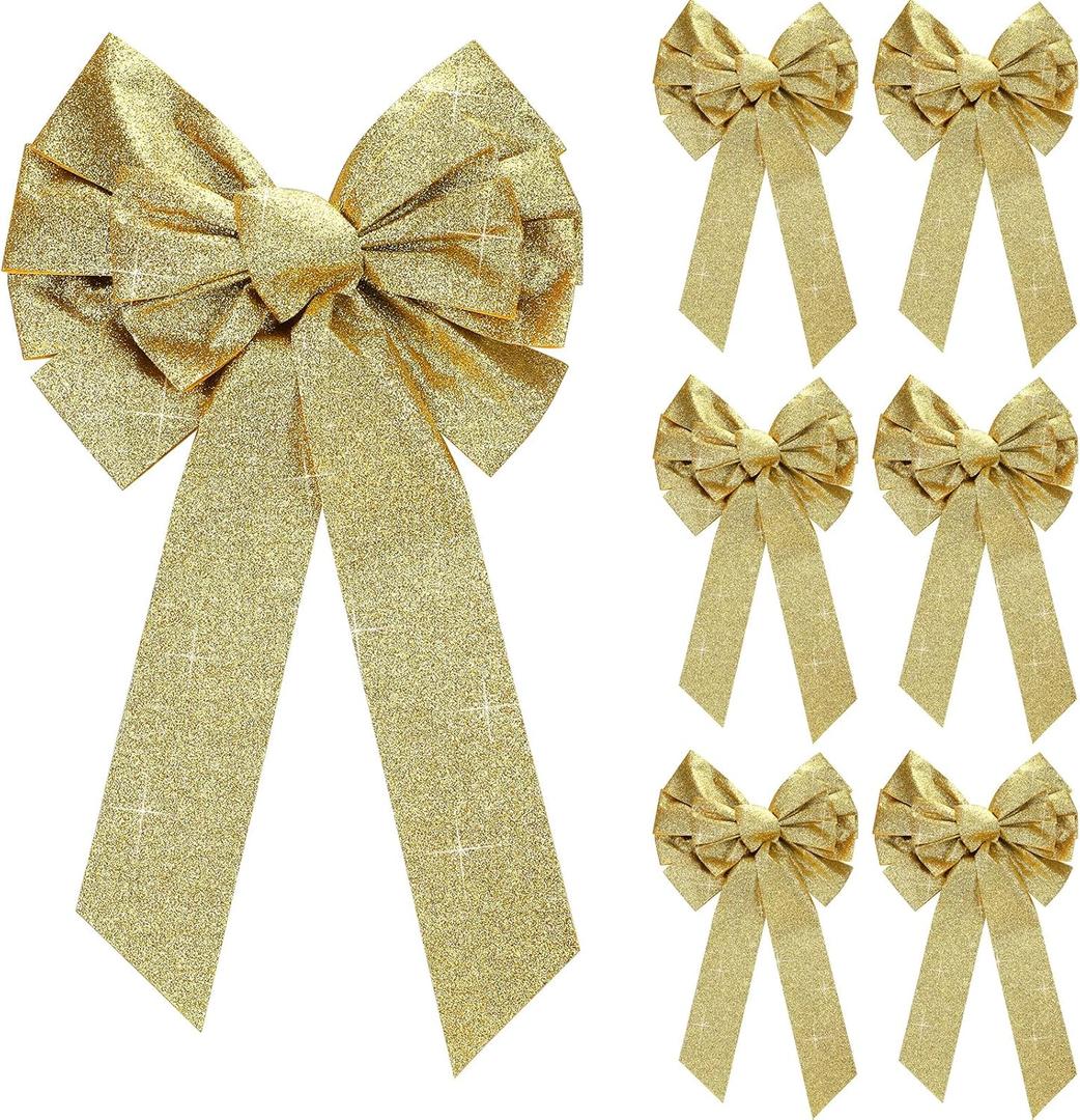 WILLBOND 12 Pcs Large Bow Glitter Christmas Bows Hanging Holiday Xmas Bows for Christmas Wreaths Decoration or Tree Toppers Indoor Decor Party Supply, 9.8 x 17.7 Inch (Gold)