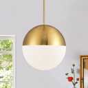 10in Glass Gold Pendant Light Globe Mid Century Modern Kitchen Island Pendant Lighting Brass Frosted Glass Hanging Light Fixtures Milky White Ball Pendant Lights for Dining Room Entry Bathroom