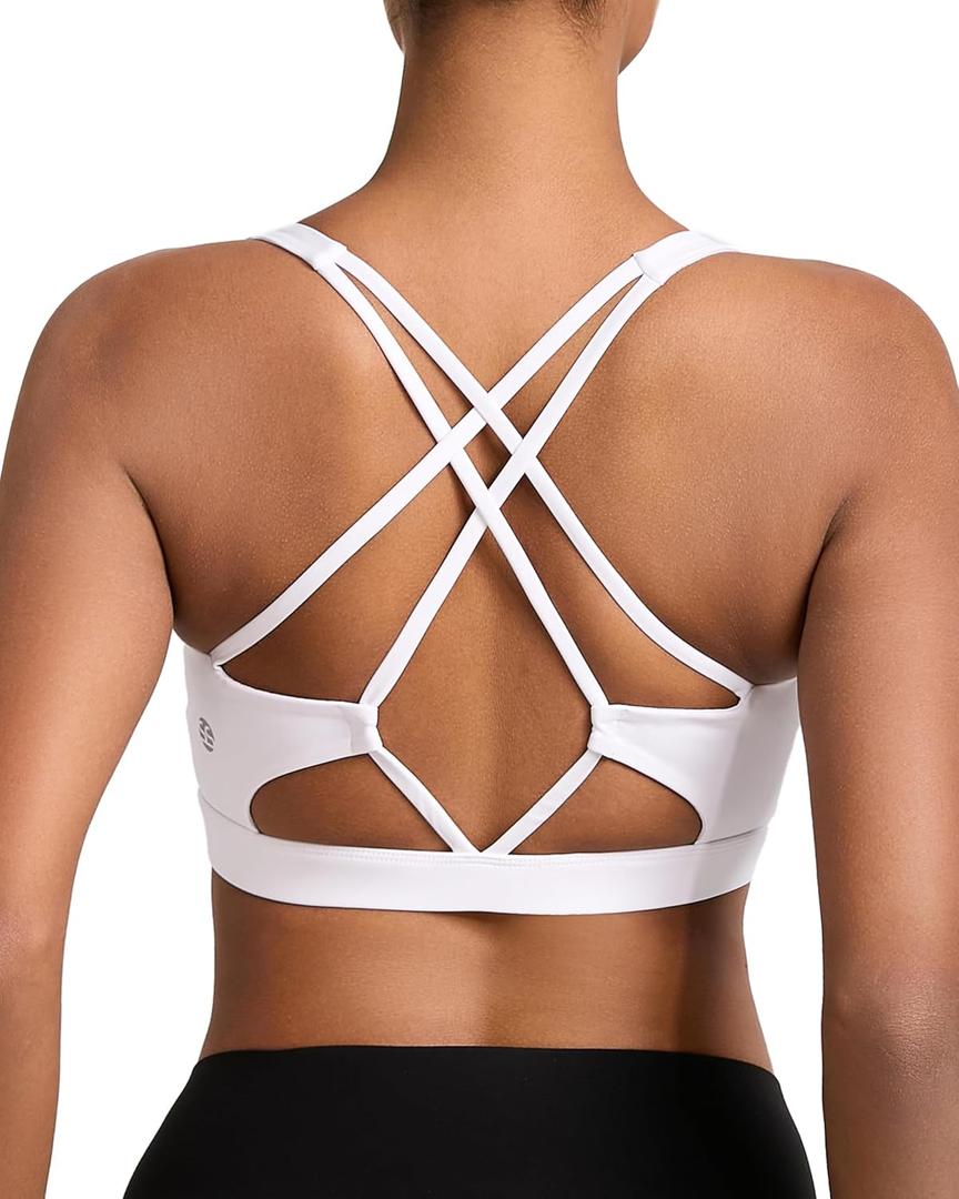 SONGSKY Sports Bras for Women, Medium-High Support Strappy Padded Running Sports Bras with Removable Cups (White, L)