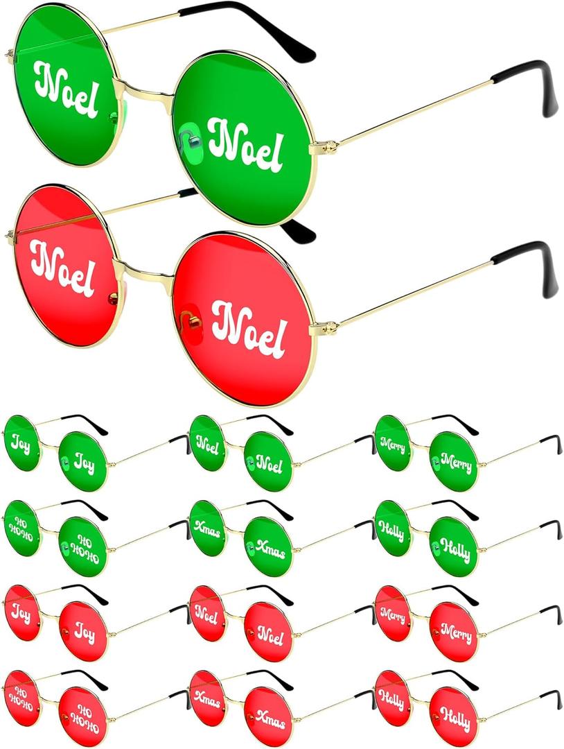 Kingdder 12 Pairs Christmas Party Sunglasses Supplies Joy Noel Merry Holly Hohoho Red and Green Christmas Decoration Friendsmas Sunglasses Party Favors for Holiday Photo Booth Game Supplies