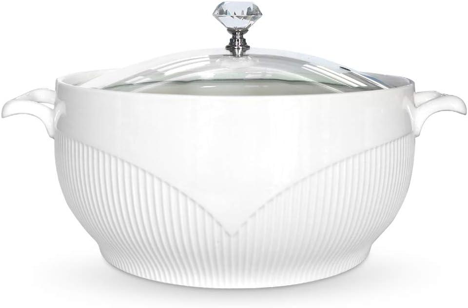 Ceramic Soup Tureen with Glass Lid Porcelain Serving Tureen Soup for Restaurant Home Kitchen Decoration Cute Ceramic Covered Tureens for Soup, White Porcelain, 1.5QT (7.48 in)