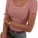 Ribbed Short Sleeve Shirts for Women, Scoop Neck Fitted Womens Short Sleeve Tops Casual Basic Tshirt Trendy Outfits (Medium, Cream)