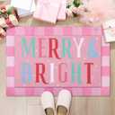 2 Pcs Christmas Coir Doormats Outdoor Pink Merry Bright Welcome Door Mats Layered Front Door Rugs Non Slip Floor Mats for Xmas Porch Entryway Indoor Outdoor Decor (Pink and White)