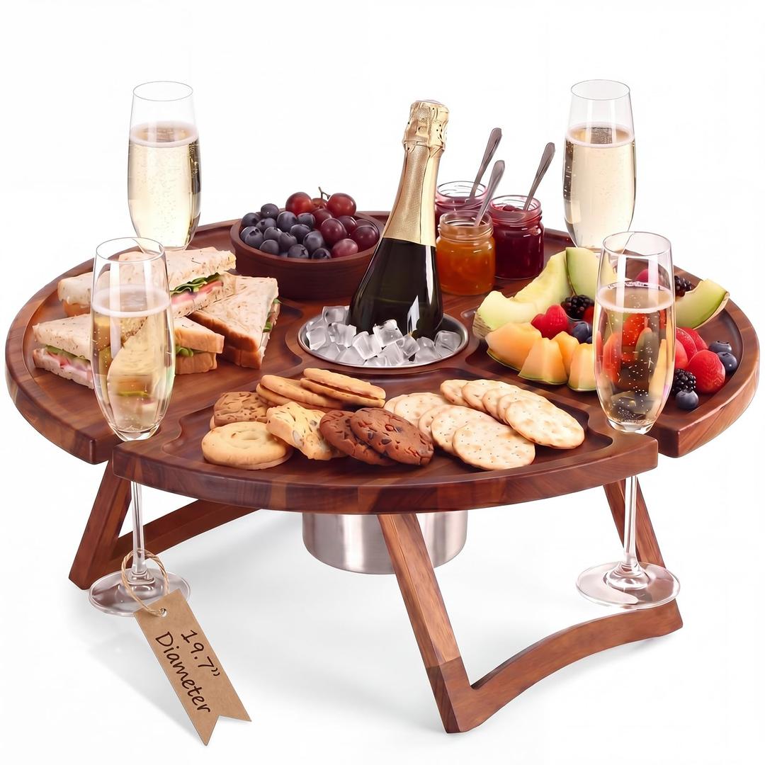 Geetery Portable Wine Picnic Table 19.7 x 19.7 Inches Large Folding Wooden Picnic Table with Glass Holder Removable Center Tray Stainless Steel Cup for Beach Camping Outdoor Parties Wine Lovers Gifts