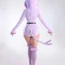 Mobbunny Women Anime Derivative Romper Onesie Pajamas Fluffy Bodysuit Hooded Jumpsuit with Tail Belt and Socks (Purple, M)