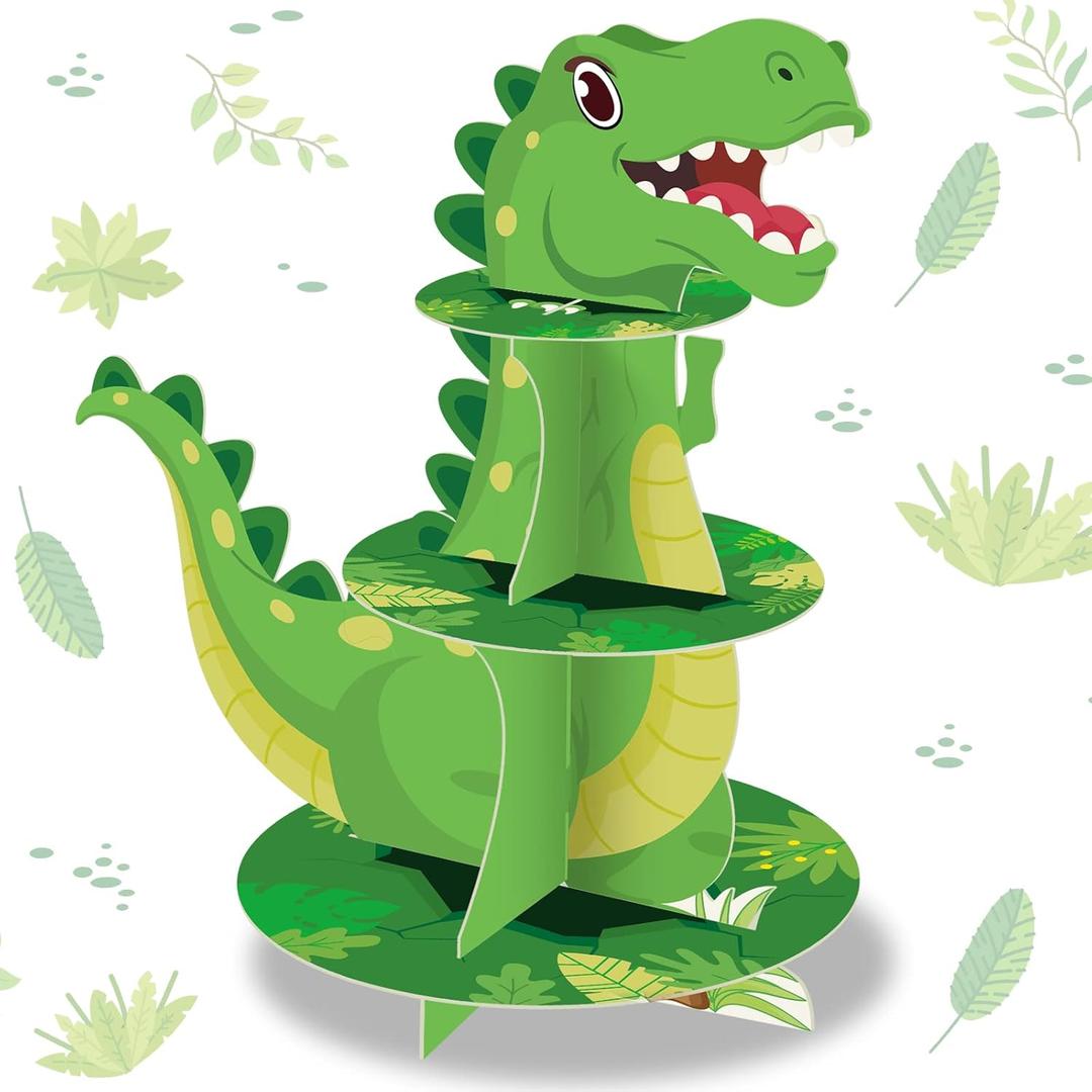 Censen 3 Tier Dinosaur Cupcake Stand Party Decorations Dinosaur Theme Cupcake Holder Decorations Dino Dessert Tower for Kids Jungle Dino Theme Party Birthday Supplies (Lovely)