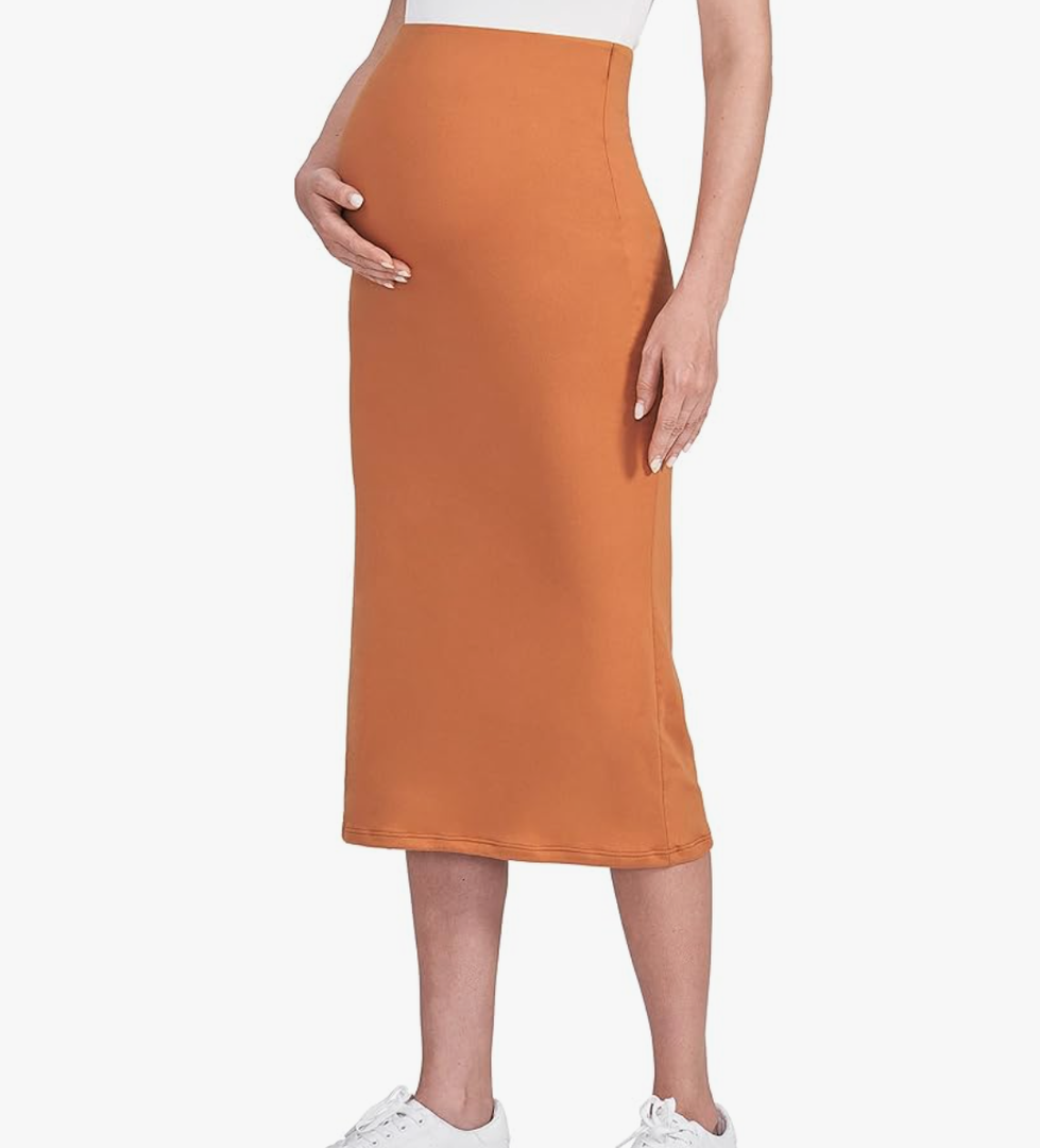 POSHDIVAH Women's Maternity Skirt Over The Belly Midi High Waisted Solid Stretchy Pregnancy Pencil Skirt, Size XXL