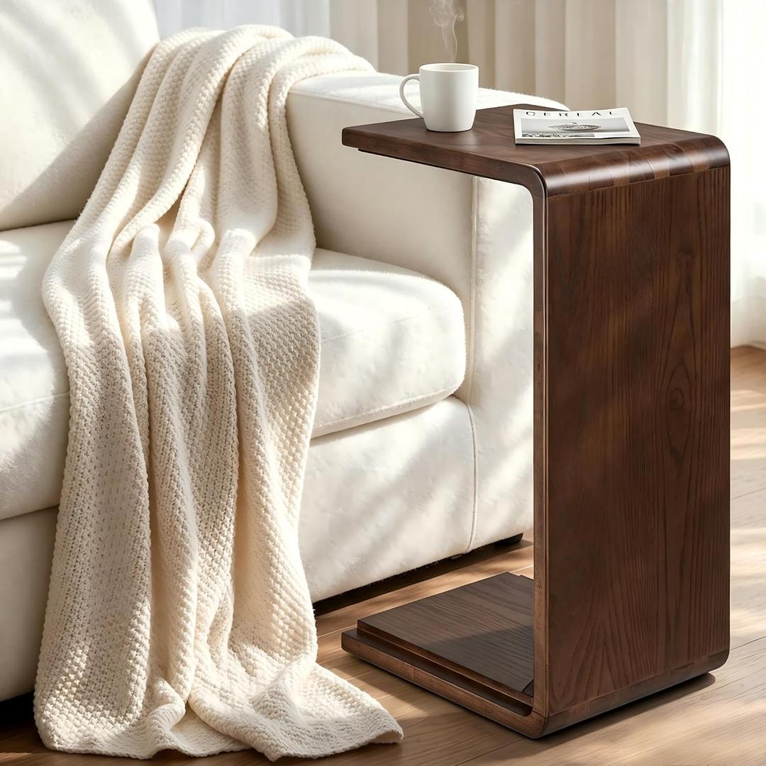 Solid Wood C Shaped Sofa Side Table, Small End Table for Couch, Modern Simple Narrow Table for Small Spaces, Mini Coffee Table for Living Room, Bedroom, Bedside (Walnut)