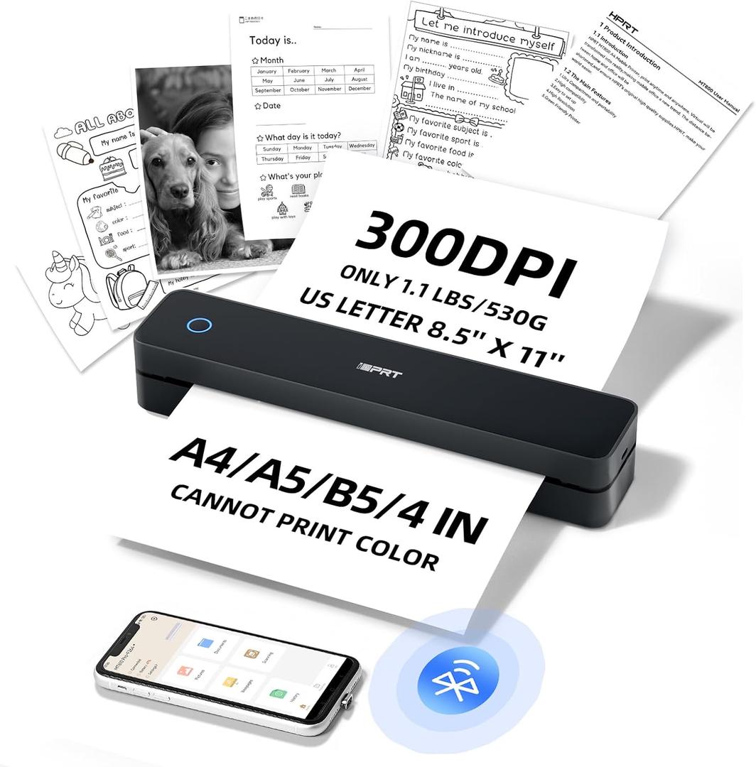iDPRT Portable-Printer Wireless for Travel, 300DPI Inkless-Thermal-Small-Printer for Home Use, Office, Vehicles, Mobile Bluetooth Printers Supports 8.5" x 11" US Letter&A4&A5 Size, for Smartphone & PC (Black)