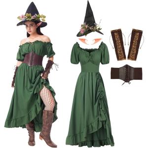 5PCS Renaissance Fairy Costume Women Medieval Elf Dress Green Victorian Witch Dress Ren Faire Outfit for Halloween, Large