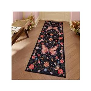 Lahome Black Floral 3x5 Washable Rug,Ultra Thin Bedroom Area Rugs for Dorm Entryway, Boho Butterfly Non Slip Bedside Rug,Stain Resistant Small Throw Carpet for Nursery Girls Kids Room