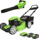Greenworks 40V 21" Brushless (Smart Pace) Self-Propelled Lawn Mower, 2 x 4Ah USB Batteries and Charger Included MO40L4413 with Greenworks 40V Axial Leaf Blower, Tool Only, 2416202AZ