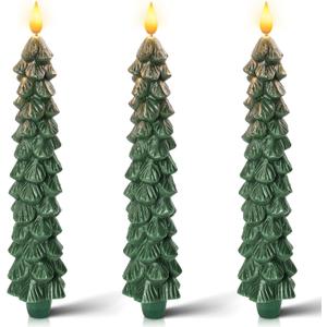 Homemory 3 PCS Flameless Taper Candles with 6-Hours Timer, 9.7 Inches Christmas Tree Candlesticks, Real Wax Battery Operated Window Candles with 3D Flickering Flame for Fireplace Christmas