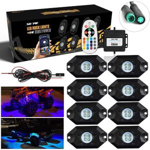 SUNPIE 8 Pods RGBW Rock Lights Aluminium Metal Underglow Light Kit App Control RF Voice Mode Music Mode Multicolor Wheel Well Lights for Off Road Trucks SUV ATV UTV Trailer Boats