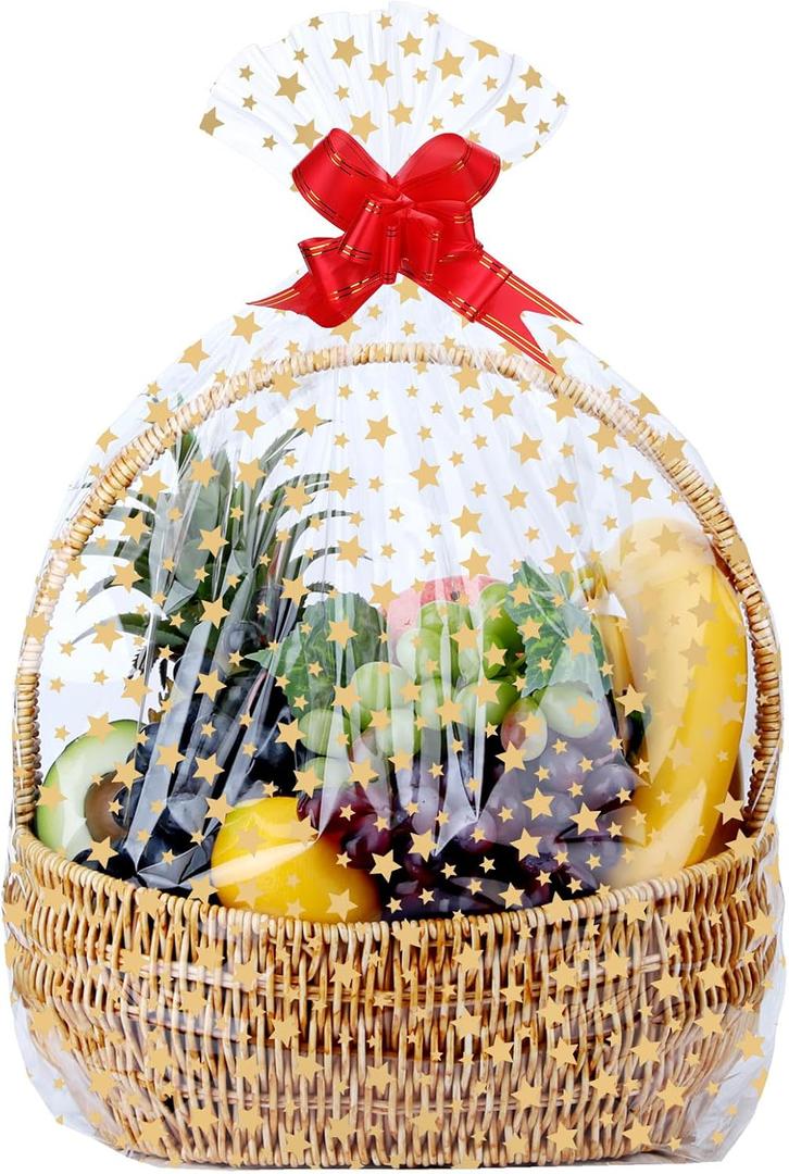2 x 15Pcs 18X30 inch Gold Star Printed Clear Cellophane Gift Wrap Bags Basket Wrapping Plastic Large Cello Bags for Party Favors Treats Mug with 5" Twist Ties