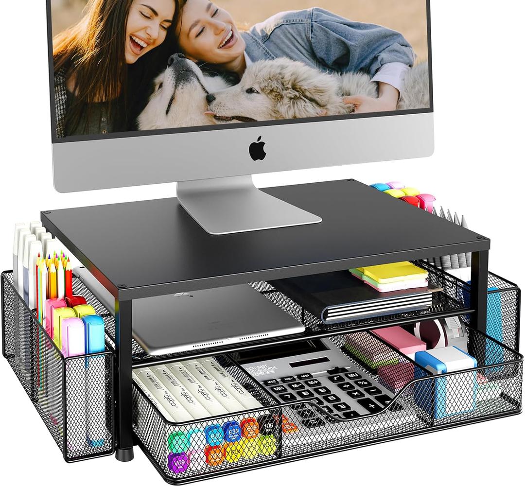 Desk Organizer and Accessories, 2-Tier Computer Monitor Stand Riser with Drawer and 2 Pen Holders, Laptop Stand, Office Desk Accessories for Office Supplies, Black Desk Organizer and Accessories, 2-Tier Computer Monitor Stand Riser with Drawer and 2 Pen Holders, Laptop Stand, Office Desk Accessories for Office Supplies, Black