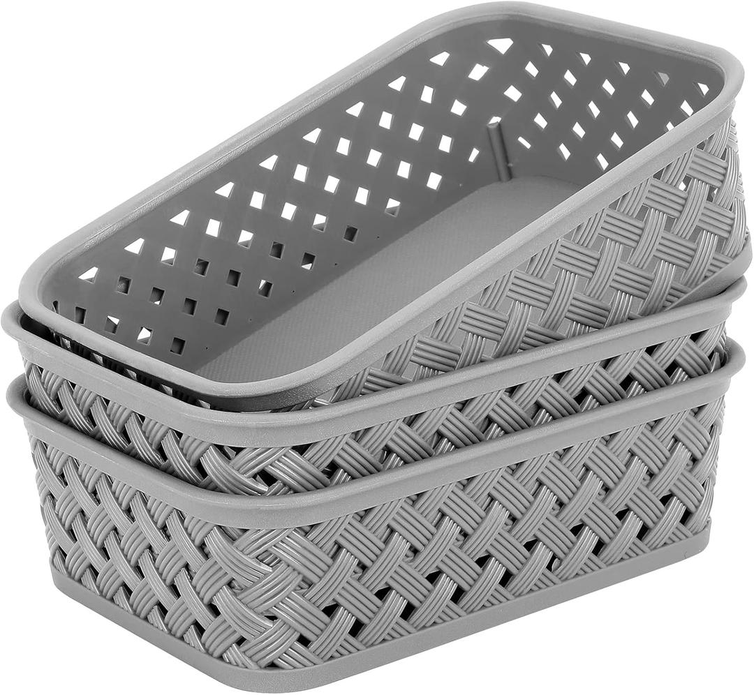 MaxGear Organization and Storage 3 Packs, Plastic Bins Organizer Bins, Woven Baskets for Storage, Plastic Baskets with Handles, Grey Basket for Organizing, Basket Organizer for Home and Office, Small