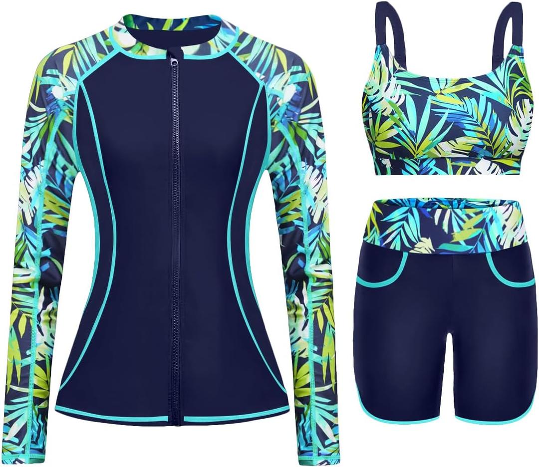 Women 3 Piece Rash Guard - Long Sleeve Swimsuit Built in Bra Swim Shirt Zip Bathing Suit with Pocket Shorts (Medium, Blue Leaves)