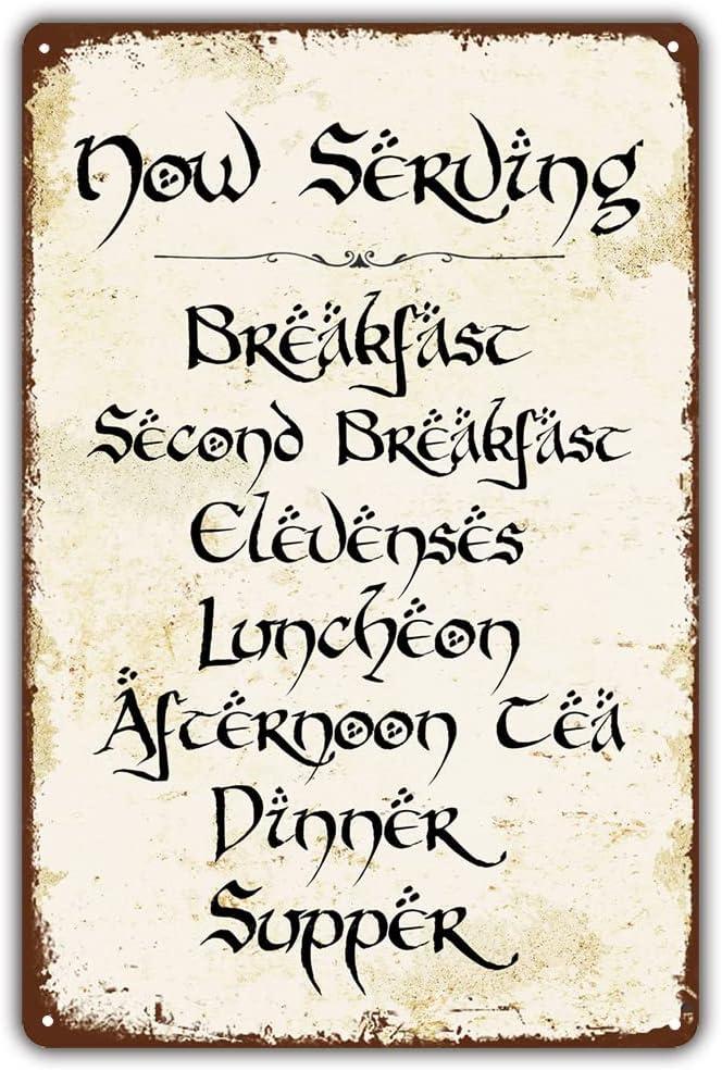 Vintage Style Funny Tin Sign, Second Breakfast Kitchen Sign, Gift for LOTR Fans, Metal Signage, 8x12 Inches (Now Serving)