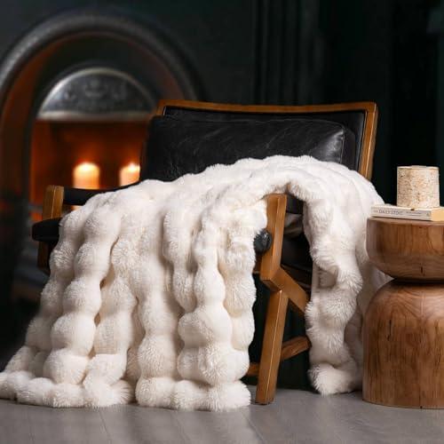 EverGrace Ultra Soft Luxury Fluffy Faux Rabbit Fur Throw Blanket, Thick Warm Bubble Throw for Bed, Cozy Plush Reversible Blankets for Couch, Chair, Sofa, Ivory White, 60x80 Inches