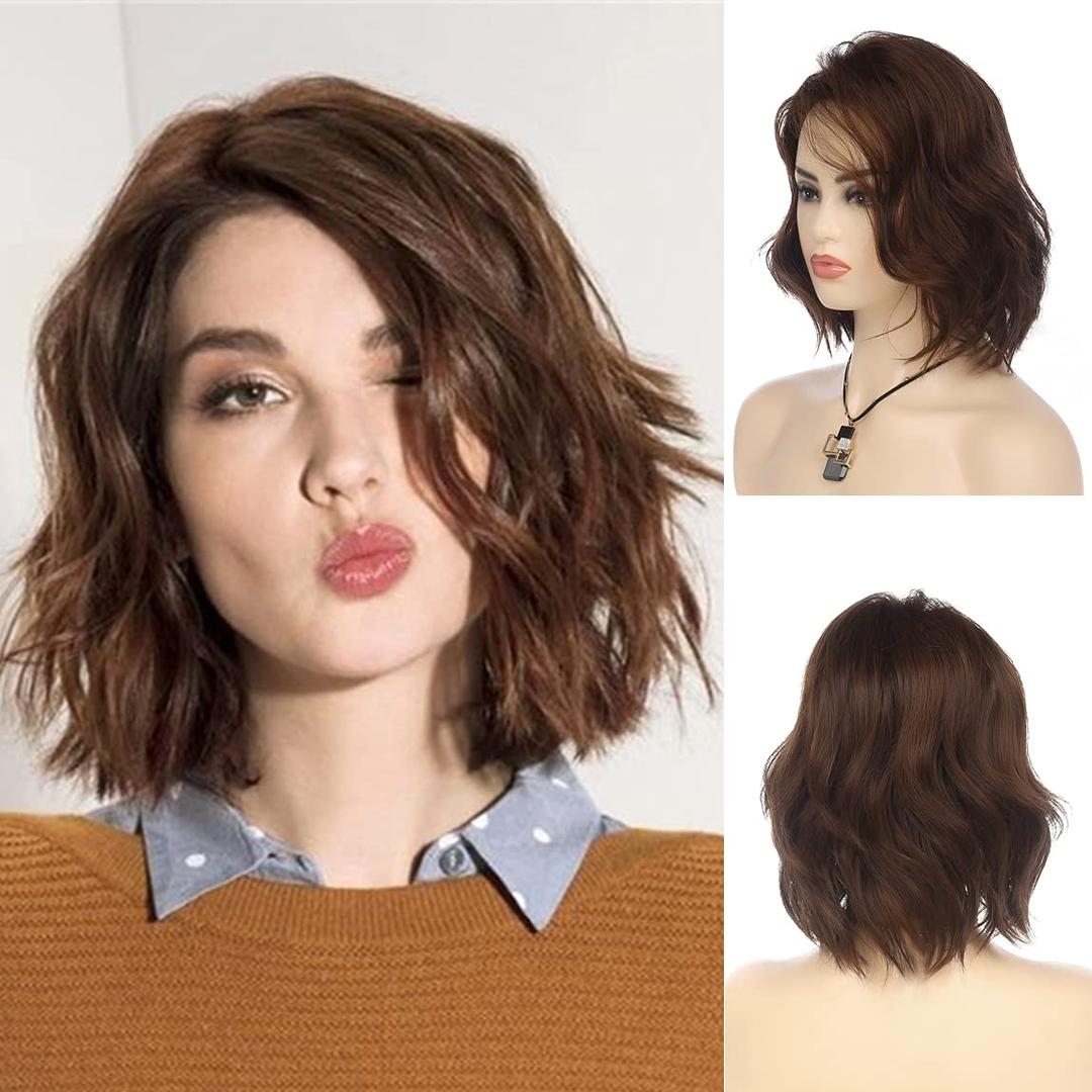 Short Wavy Brown Bob Wig for Women Synthetic Heat Resistant Side Part Halloween Cosplay Wig