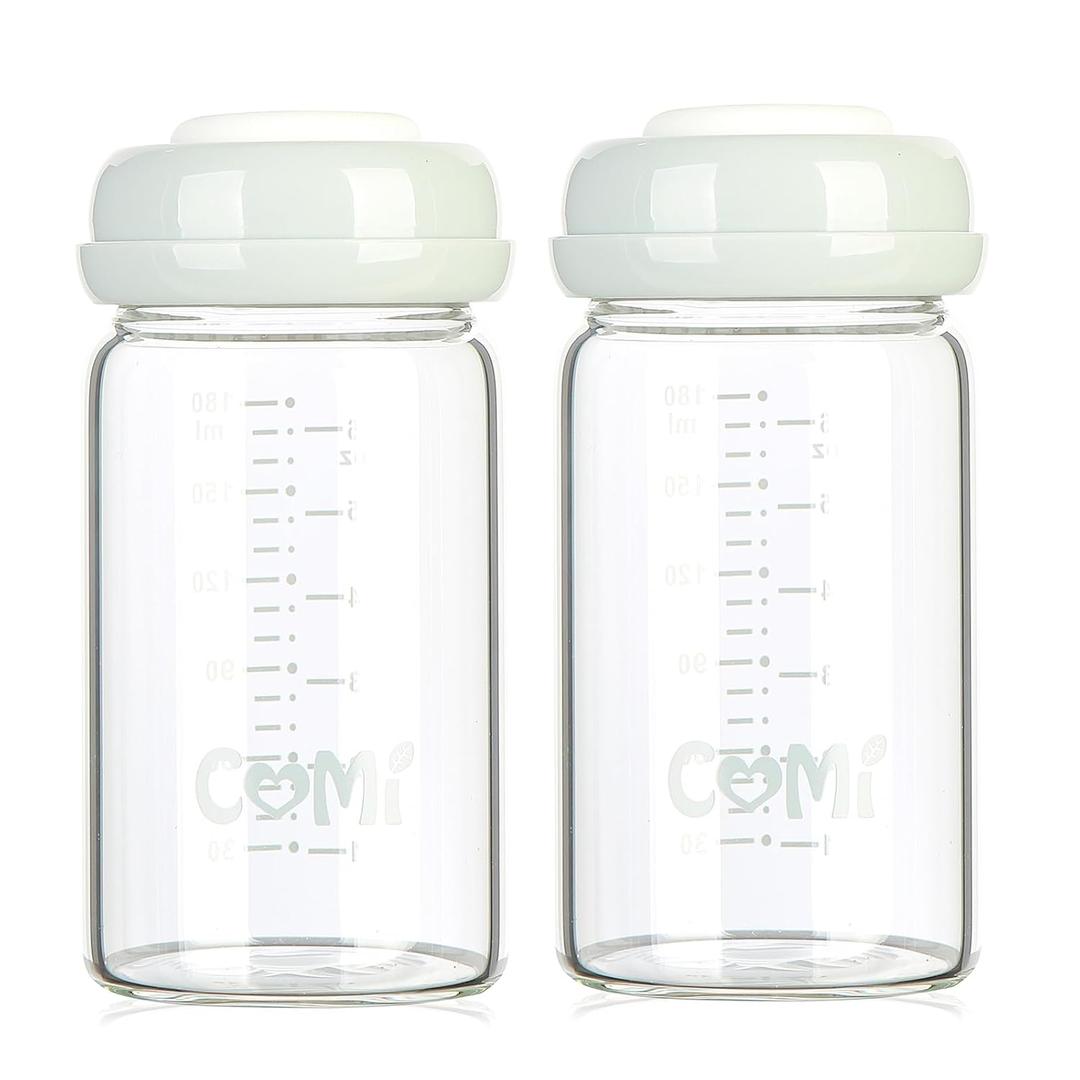 COMI Wide Neck Glass Breastmilk Collection n Storage Bottle, 6oz with Screw Ring Sealing Disk; Re-markable Sealing Disc. BPA Free, Fits Breast Pumps & Nipples (2 Pack Gray Lids)
