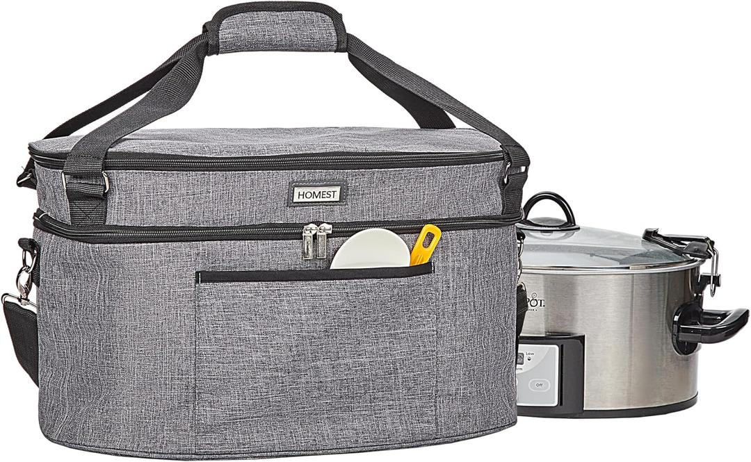 HOMEST Slow Cooker Bag for Crock-Pot 6-8 Quart, Insulated Travel Carrier with Easy to Clean Lining, Carry Case with Top Zip Compartment and Accessory Pocket (6 Quarts, Grey)
