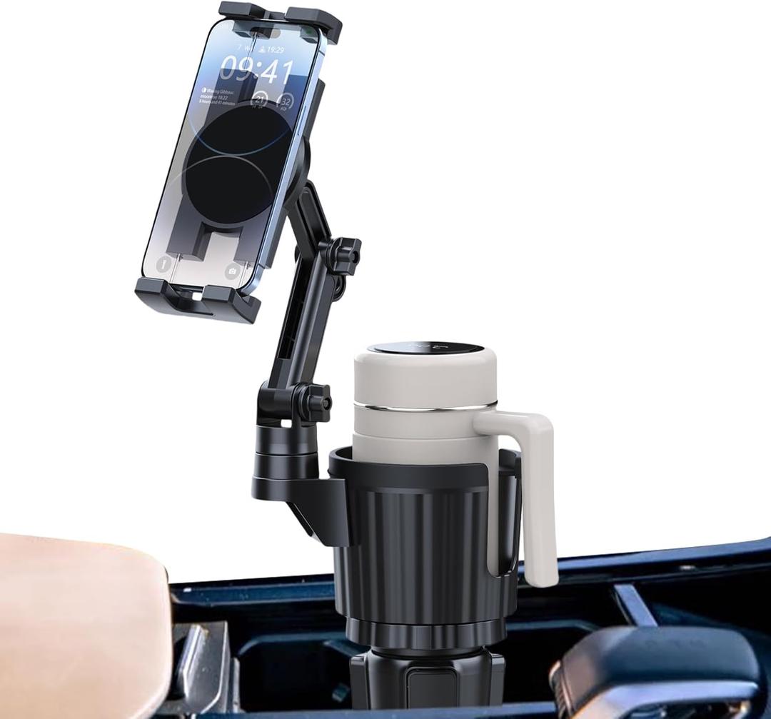 Car Cup Holder Expander Phone Holder with Adjustable Arm and Base, 2 in 1 Phone Mount and CupHolder Adapter with Expandable Base for Most Large Drink Bottle and Fit All 47'' Smartphones