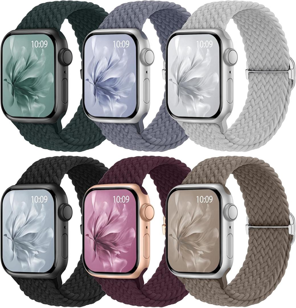 6 Pack Braided Stretchy Bands Compatible with Apple Watch Band 38mm 40mm 41mm 42mm 44mm 45mm 46mm 49mm Women Men, Adjustable Nylon Solo Loop Elastic Straps for iWatch Series 11 10 9 8 7 6 5 4 SE Ultra (Deep Green/Blue Gray/Dark Cherry/Titan Gray/Stone/Black)