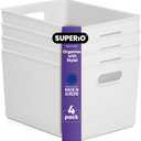 Superio Ribbed Collection - Decorative Plastic Open Home Storage Bins Organizer Baskets, X-Large White (4 Pack) Container Boxes for Organizing Closet Shelves Drawer Shelf 22 Liter/23 Quart