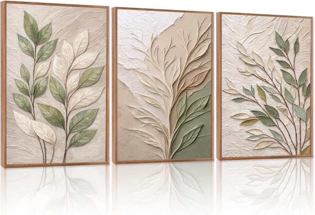 CHDITB 3D Impasto Sage Green Leaf Wall Art, Boho Earth‑Tone Foliage Decor, 16"L x 24"W