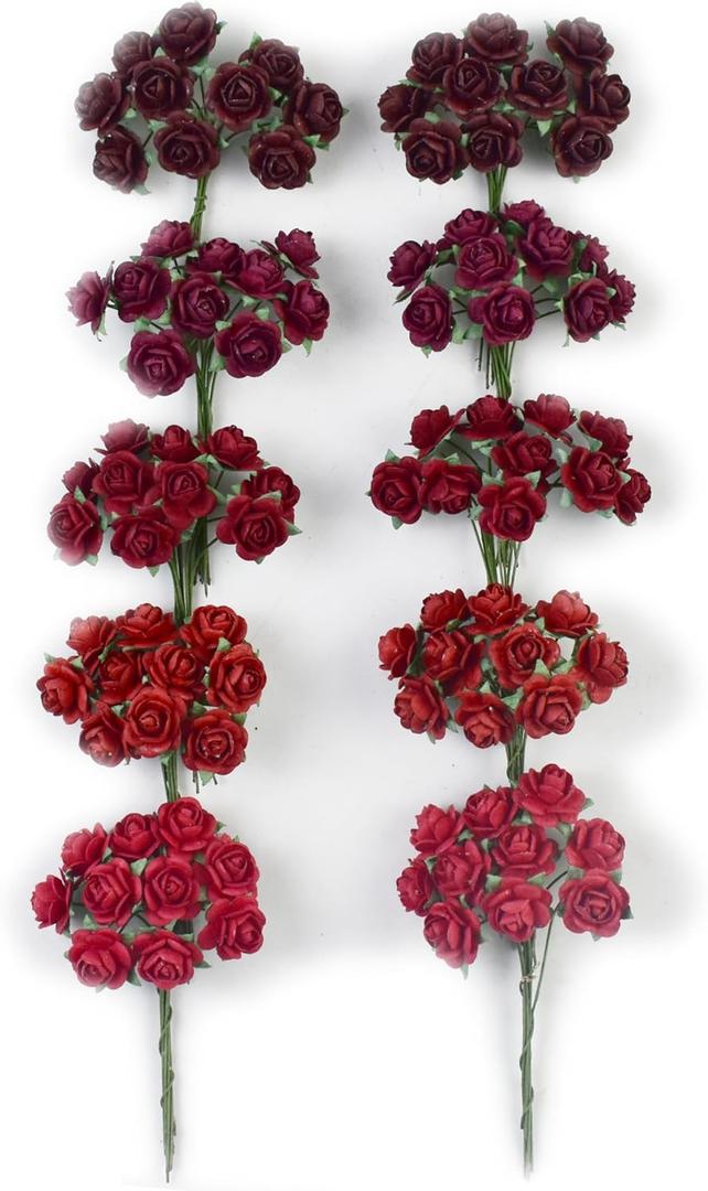 100 pcs Tiny Artificial Roses Mixed Burgundy Five Color Mulberry Paper Flower 15-18 mm Flower Wedding Scrapbooking (Burgundy)