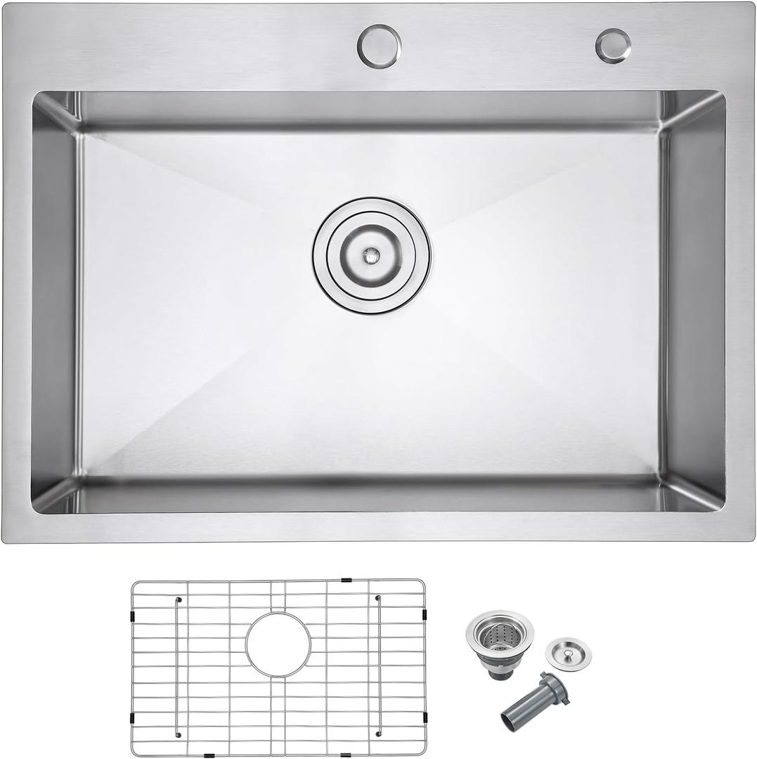 30"x18" Drop-In Kitchen Sink, 304 Stainless Steel Single Bowl Sink, D30"xW18"xH9"