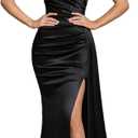 AOSHABABI Women's Cocktail Dresses Elegant Black Satin V-Neck Pleated Slit Mermaid Evening Dresses for Wedding Guest (Large)
