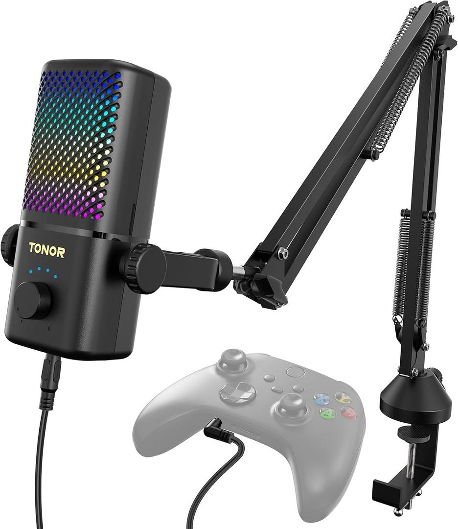 TONOR Gaming Mic Compatible with Xbox, RGB Streaming Boom Mic with 30H Battery Life, Low Noise, Monitoring, Gain Control, One Tap Mute, Fast Charging, Compatible with Capture Card TCX3+ Black