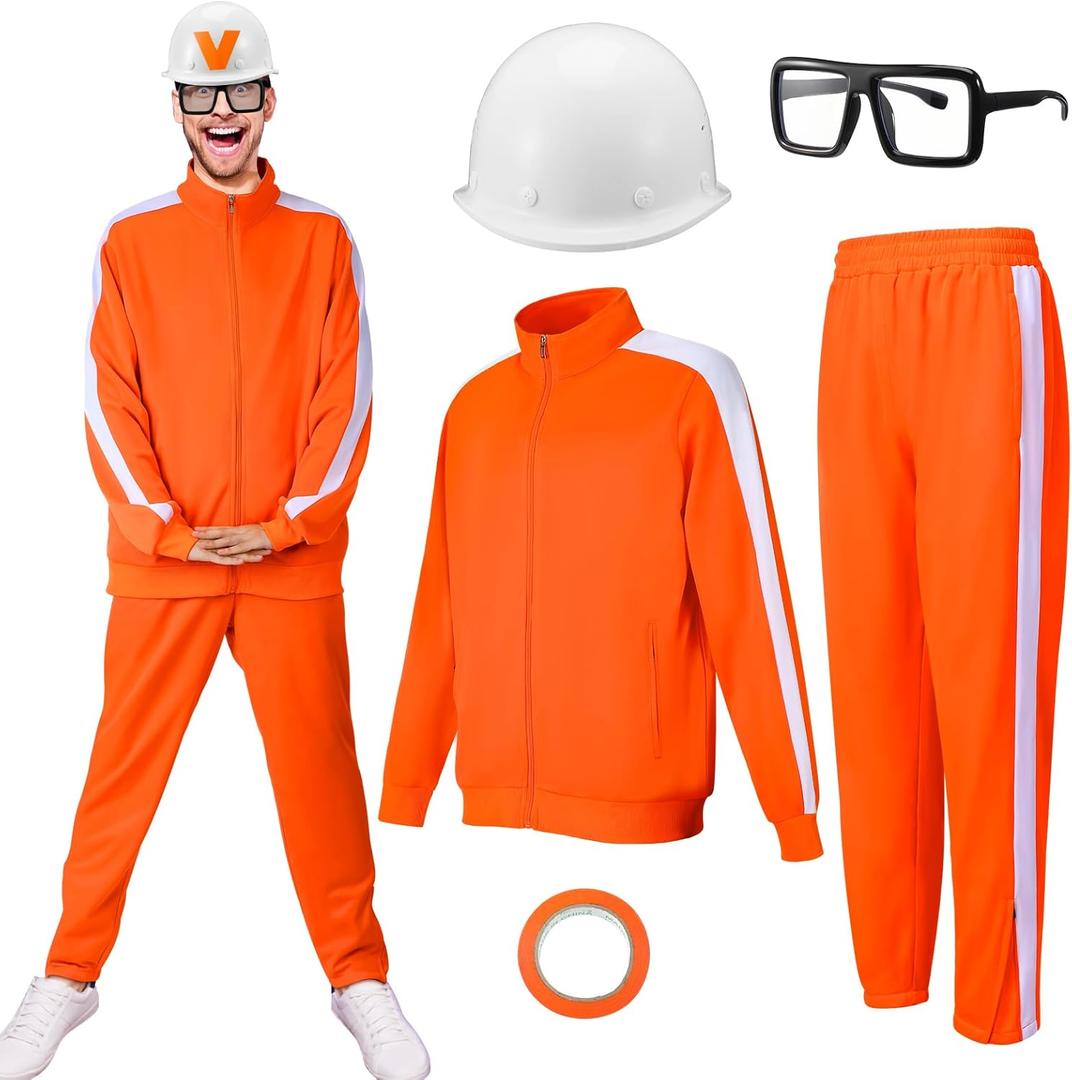 5 Pcs Halloween Men's Orange Tracksuit Set - Include Black Frame Glasses and White Hat Athletic Sports Gym Training Suits Classic Eyewear for Cosplay Party Daily Wearing