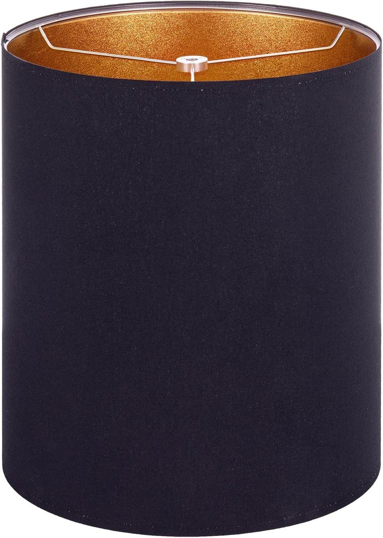 Wellmet Self-assembly Lampshade, BlackGold, 14" Top x14" Bottom x17" High, Drum Lampshade for Table Lamp, Bedside Lamp, Floor Lamp, Fabric Replacement Lamp Shade Classic Modern Style, Spider Fitter