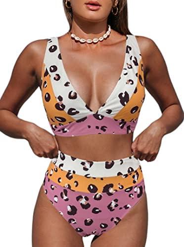 Hilinker Women's Leopard Bikini Swimsuits V Neck High Waisted 2 Piece Bathing Suits, XL