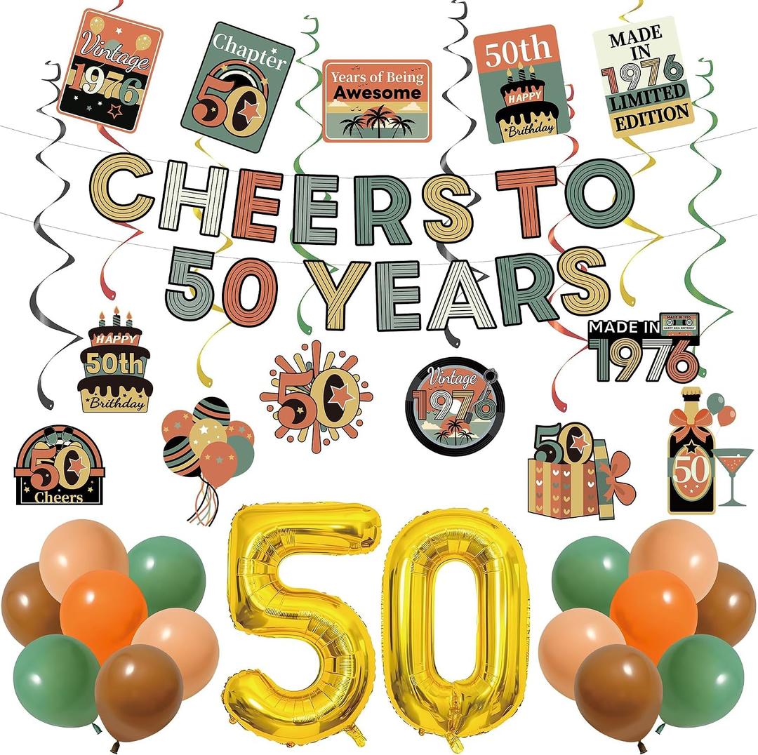 Vintage 50th Birthday Decorations Set 1976 Birthday Decorations Cheers to 50 Years Banner Centerpieces and Hanging Swirls Back in 1976 Party Decor for Women and Men with 32 Inch Number Balloons
