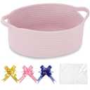 COMSE Small Woven Basket with Gift Bags and Ribbons, Gift Basket Empty, Cotton Rope Storage Organizer, Baby Toy Box with Handles, 12" x 8" x 5", Light pink