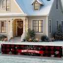 HOMETITUTE Merry Christmas Banner Red Black Plaid Holiday Snowflake 118x20 inch christmas hanging banner Rustic Porch Fence Wall Decoration outdoor christmas banner for yard Party Backdrop