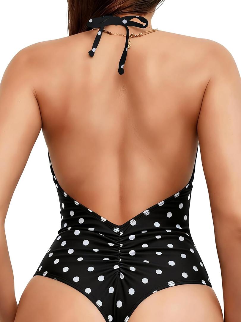 Sexybody Women' s One Piece Sexy Swimsuits Halter Tie Back V Neck Low Back Bathing Suit Ruched Butt High Cut Swimsuit Thong, Large