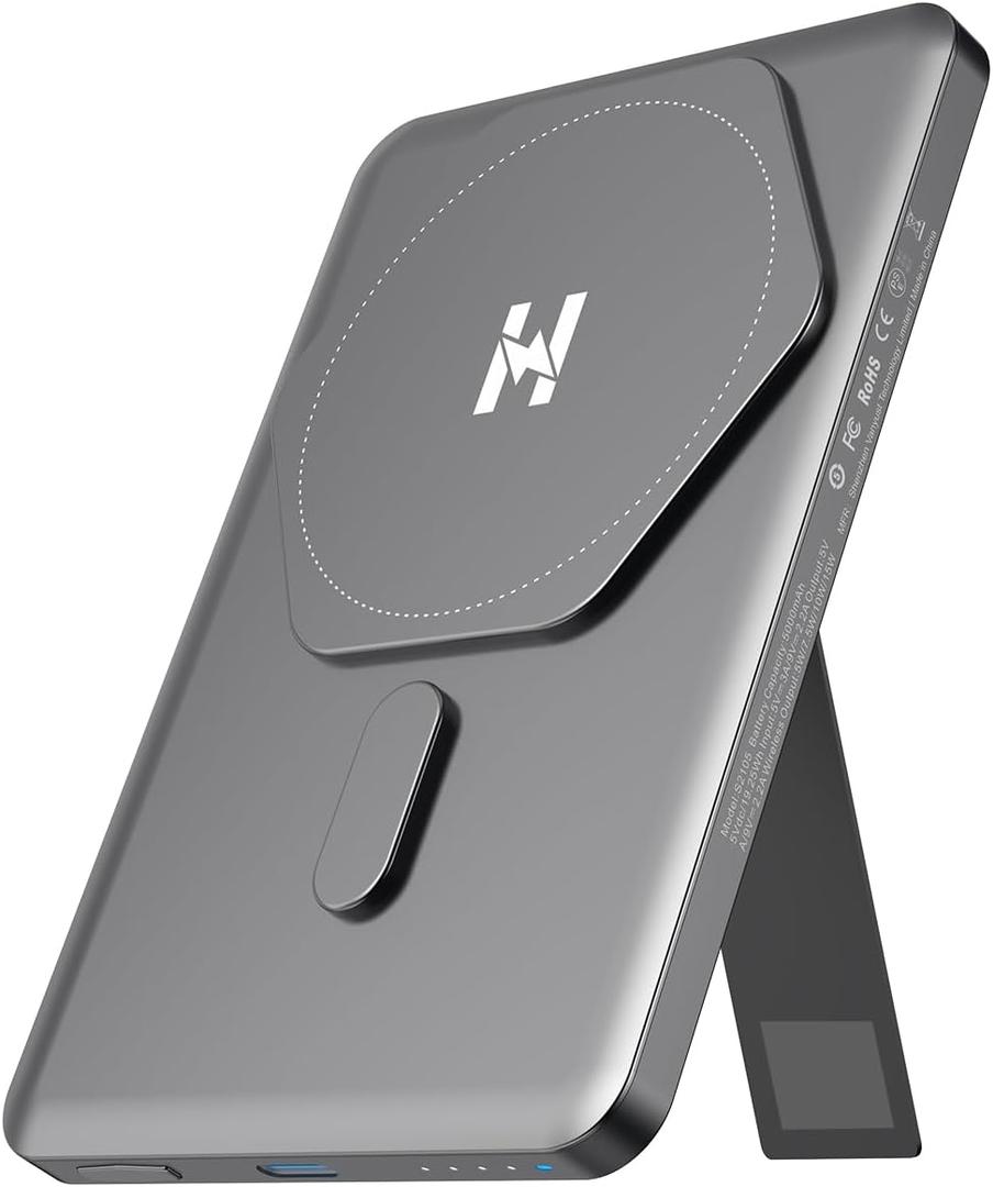 Magnetic Slim Portable Charger with Stand, 5000mAh Wireless Power Bank[Alloy-Made], PD 20W Fast Charging Compatible with iPhone 16/15/15 Pro/15 Pro Max, iPhone 14/13/12 Series