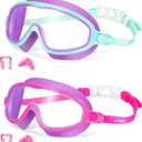 Kids Goggles for Swimming 2 Pack No Leaking Anti-Fog Outer Eye Fit with Wide View UV Protection Crystal Clear Watertight Swim Goggles with nose cover Suitable for Children Youth Boys Girls Age 3 to 14