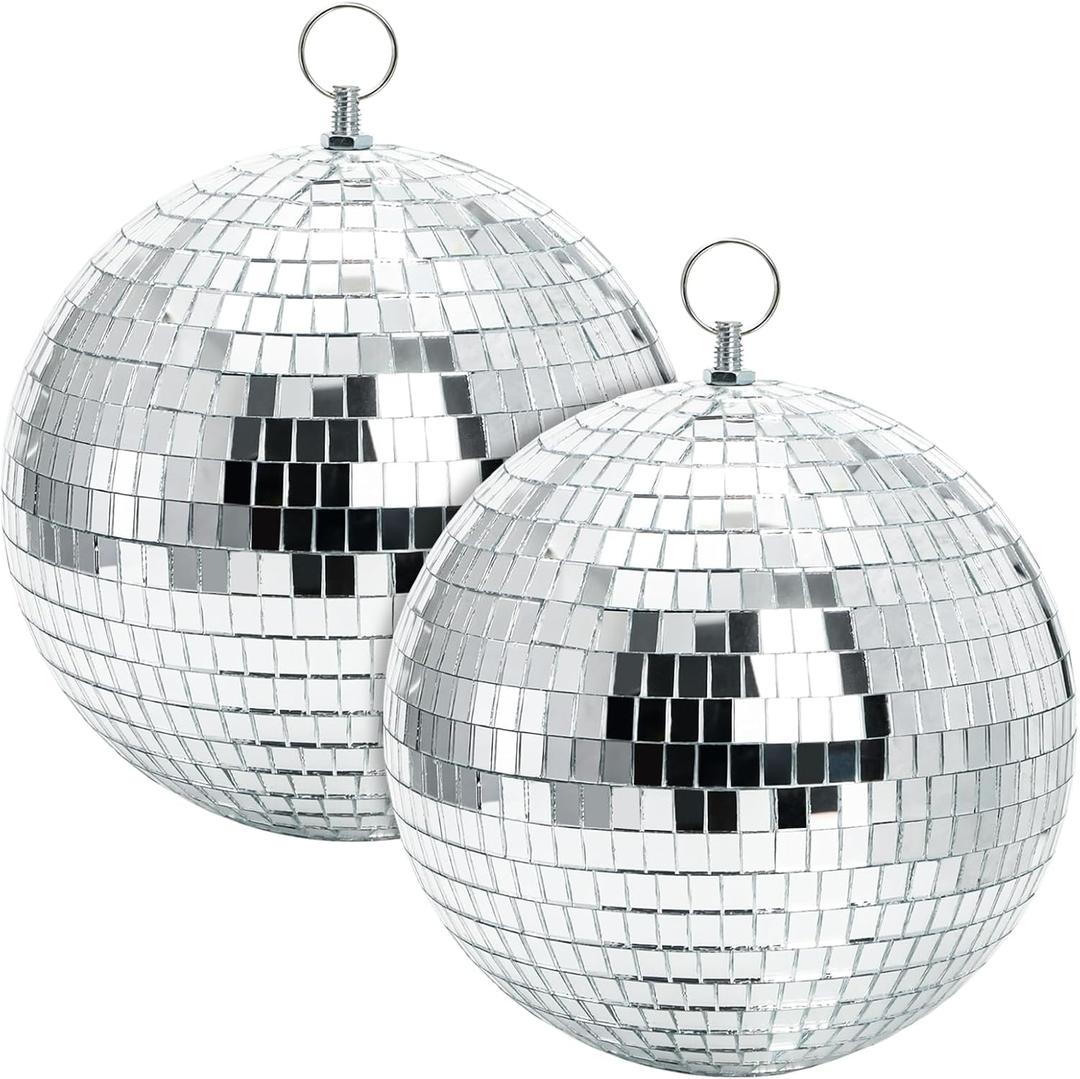 Suwimut 2 Pack Mirror Disco Ball, 8 Inch Cool and Fun Large Silver Hanging Disco Ball with Hanging Ring, Reflects Light, Party Favor, Christmas New Year Wedding Decor Festival Stage Prop